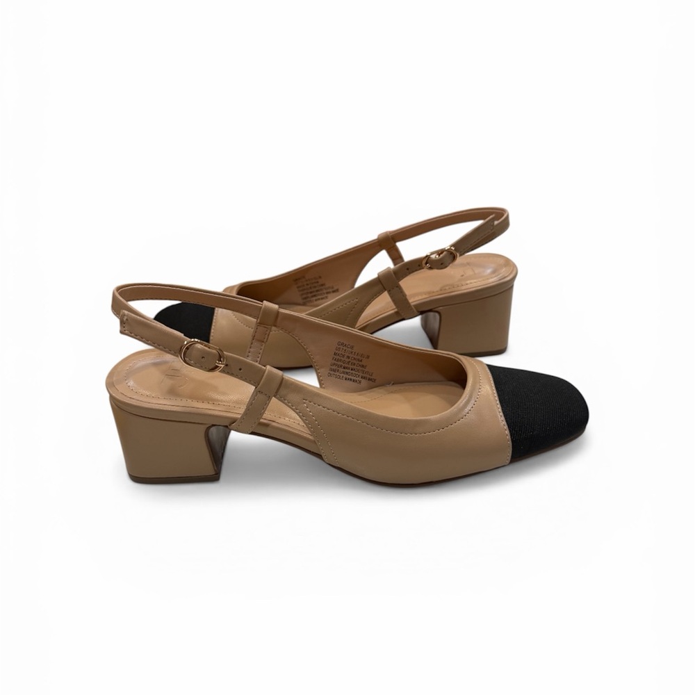 JustFab Two-Tone Slingback Block Heel Pumps in Tan and Black